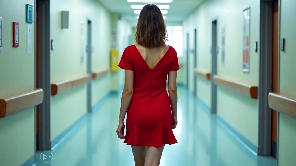 Una chica con vestido rojo camina en los pasillos de un hospital.