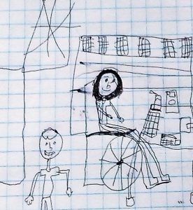 En una hoja de cuadricula, con dibujos infantiles, se ve un niño y una persona en silla de ruedas trabajando en computadora.