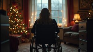 Una persona con discapacidad en silla de ruedas está frente a una ventana en la penumbra de una sala decorada de temporada navideña.