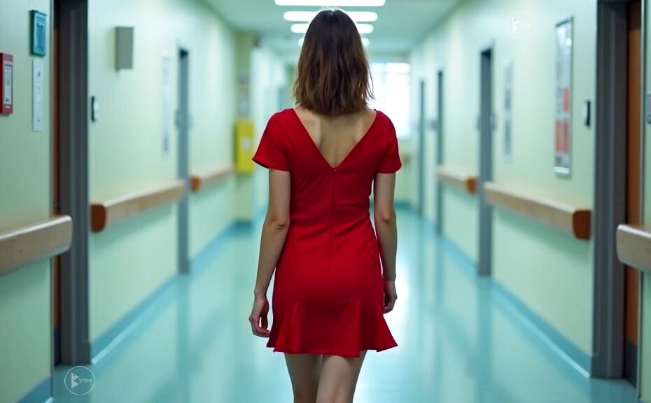 Una chica con vestido rojo camina en los pasillos de un hospital.