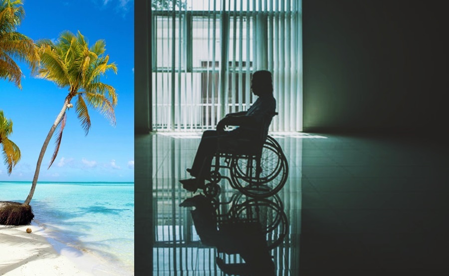 Composición fotográfica de 2 fotografías, la primera a la derecha de la pantalla, una playa de agua color turquesa, arena blanca y unas palmeras. A la izquierda, un cuarto grande con ventanales al frente de donde se ilumina la estancia a oscuras, en medio la figura de un hombre en silla de ruedas, quizá, como viendo la fotografía de la playa.