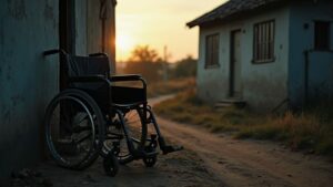 Una silla de ruedas vacía, ubicada en el umbral de una casa humilde o camino de tierra, iluminada por luz suave al atardecer.